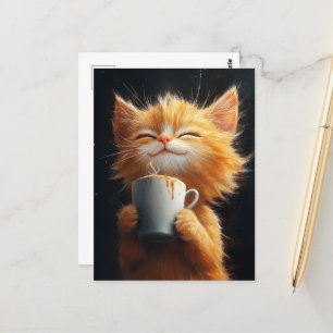Niedliche Ingwer Kitty mit Kaffee Postkarte