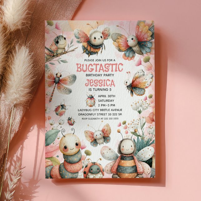 Niedliche Insekten Bugtastic Pink Girl Kindergebur Einladung (Von Creator hochgeladen)
