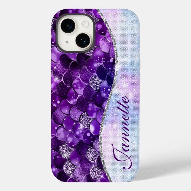 Niedliche Iridescent Lila Mermaid Imitate Glitzer Case-Mate iPhone 14 Hülle (Rückseite)