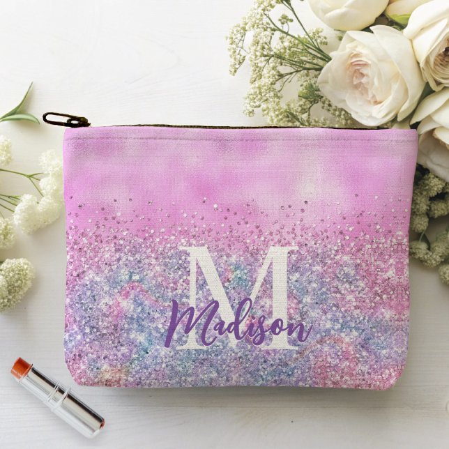 Niedliche Iridescent unicorn ombre Glitzer Monogra Zubehörtasche (Von Creator hochgeladen)