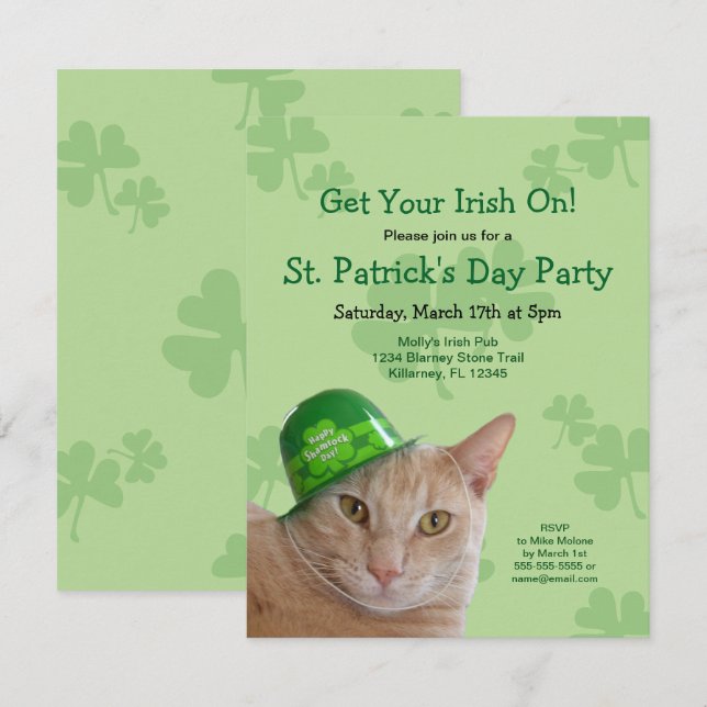 Niedliche Irish Cat St. Patrick's Day Party Einlad Einladung (Vorne/Hinten)