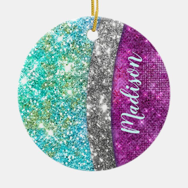 Niedliche irisierende lila aquamarine Imitat Glitz Keramik Ornament (Vorne)