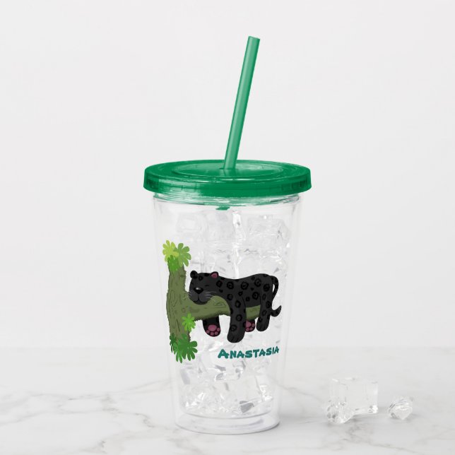 Niedliche Jaguar-Schwarzpanther-Katze-Cartoon-Abbi Acryltrinkbecher (Rückseite Ice)