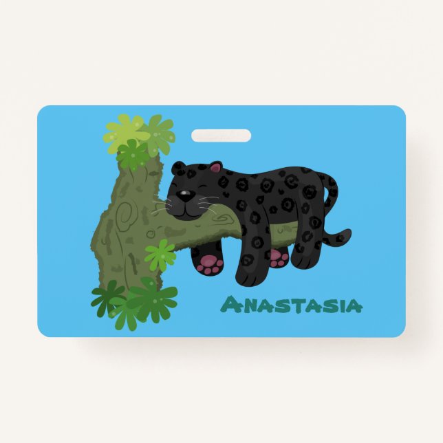 Niedliche Jaguar-Schwarzpanther-Katze-Cartoon-Abbi Ausweis (Vorderseite)