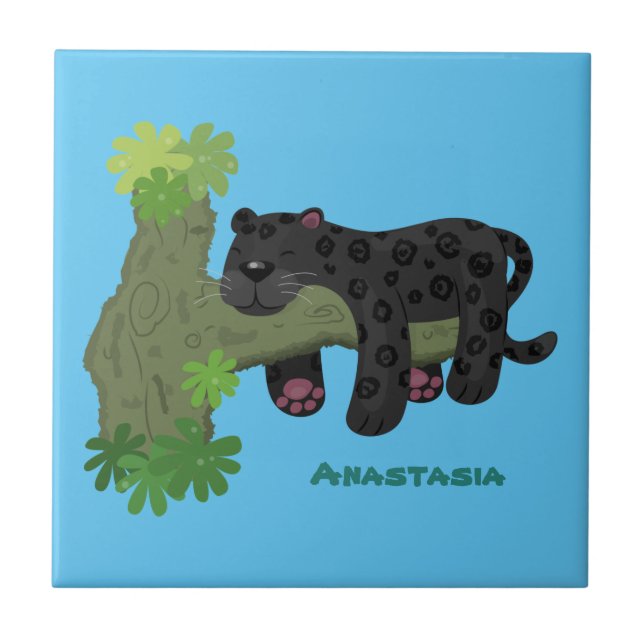 Niedliche Jaguar-Schwarzpanther-Katze-Cartoon-Abbi Fliese (Vorderseite)