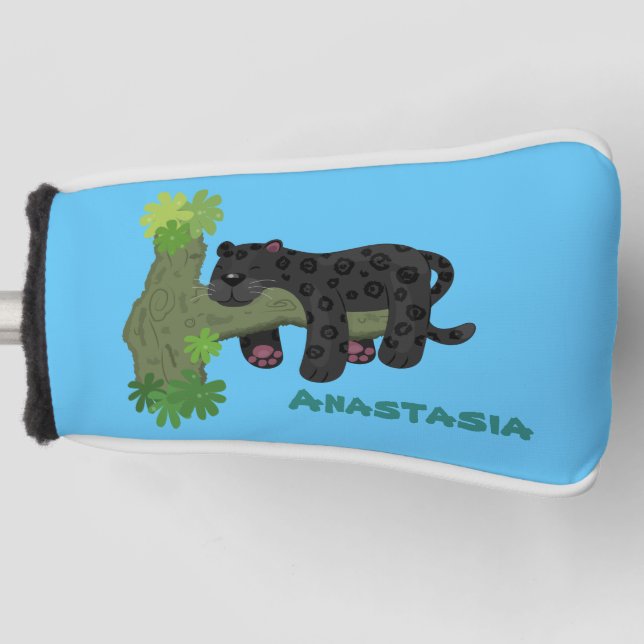 Niedliche Jaguar-Schwarzpanther-Katze-Cartoon-Abbi Golf Headcover (Vorderseite)
