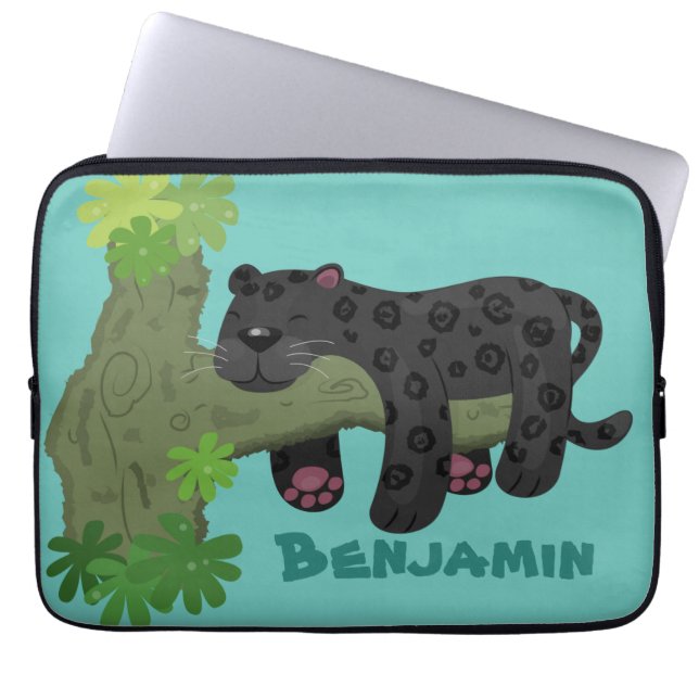 Niedliche Jaguar-Schwarzpanther-Katze-Cartoon-Abbi Laptopschutzhülle (Vorderseite)