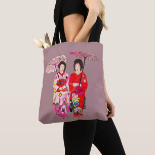 Niedliche japanische Geishakunst mit rosa Kimono Tasche