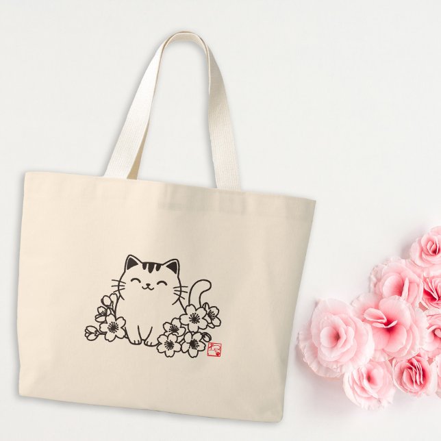 Niedliche japanische Katze und Sakura mit "Neko"-B Jumbo Stoffbeutel (Von Creator hochgeladen)