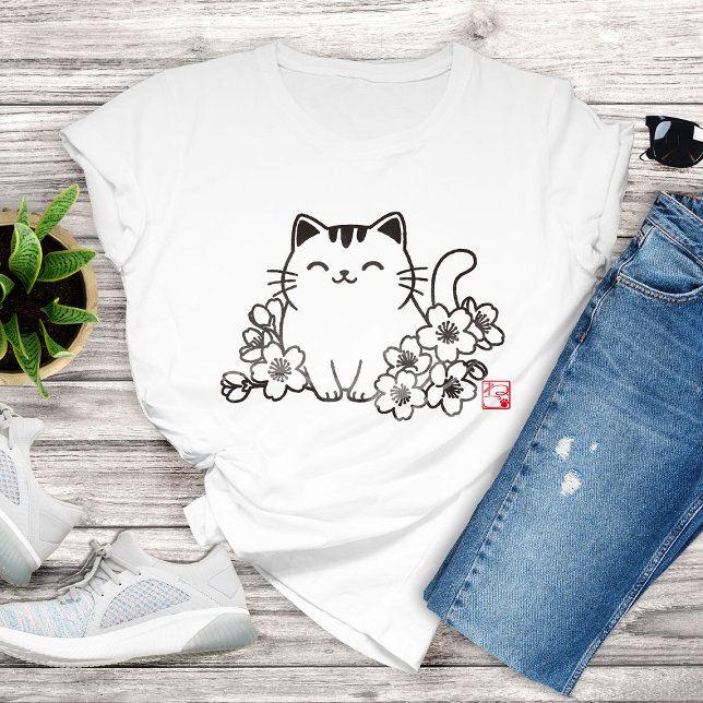 Niedliche japanische Katze und Sakura mit "Neko"-B Tri-Blend Shirt (Von Creator hochgeladen)
