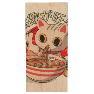 Niedliche japanische Katzen essen Nudeln mit Chops Holz USB Stick