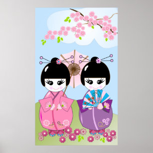 Niedliche japanische Puppen mit Kirschblüten Poste Poster