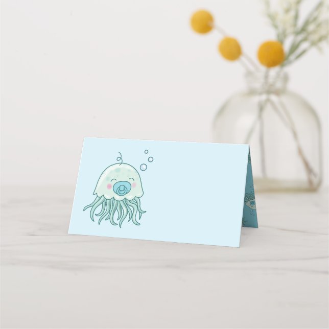 Niedliche Jellyfish Baby Dusche Kawaii Blue Boy Platzkarte (Vorderseite)