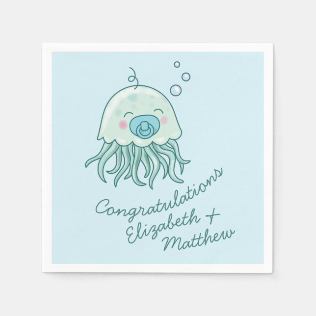 Niedliche Jellyfish Baby Dusche Kawaii Blue Boy Serviette (Vorderseite)