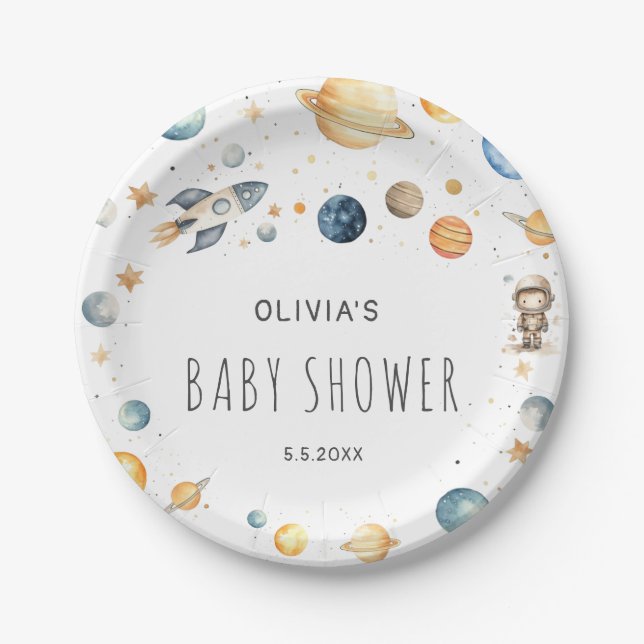 Niedliche Junge Astronaut Space Babydusche Pappteller (Vorderseite)