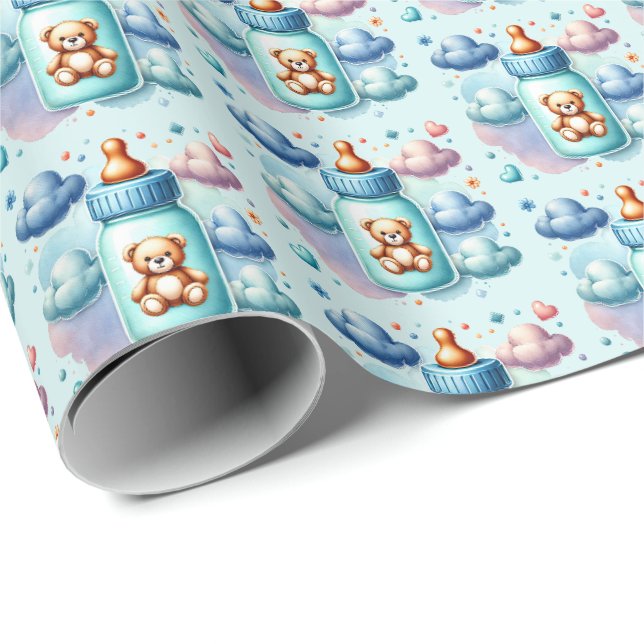 Niedliche Jungen Flasche mit gekachelter Babydusch Geschenkpapier (Rolleneckpunkt)