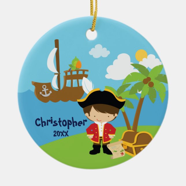 Niedliche Jungen-Piraten-Weihnachtsverzierung Keramik Ornament (Vorne)