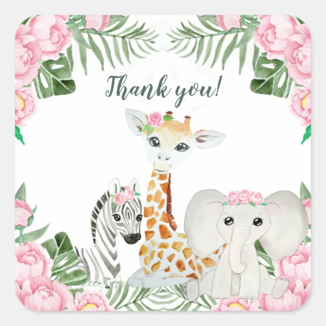 Niedliche Jungle Animals Baby Girl Duwer Gevor Quadratischer Aufkleber (Vorderseite)