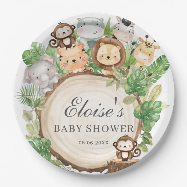 Niedliche Jungle Animals Greenery Babydusche Gebur Pappteller (Vorderseite)