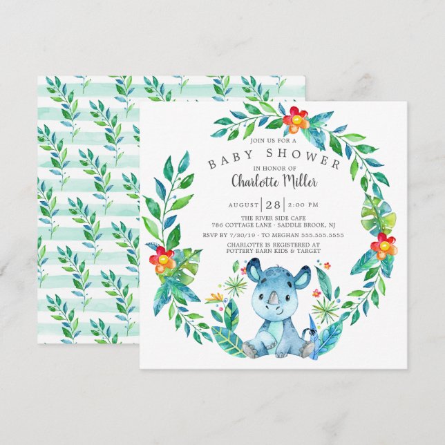 Niedliche Jungle Rhino Babydusche Einladung (Vorne/Hinten)