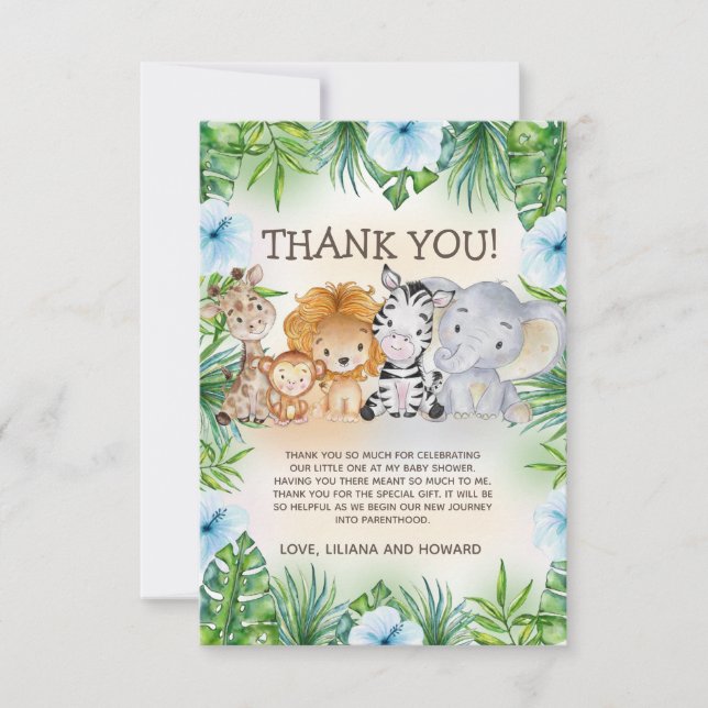 Niedliche Jungle Safari Animals Baby Boy Dusche Dankeskarte (Vorderseite)