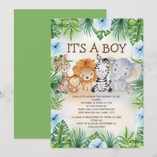 Niedliche Jungle Safari Animals Baby Boy Dusche Einladung (Vorne/Hinten)
