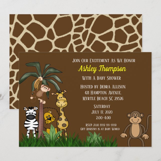 Niedliche Jungle Safari Baby Dusche Einladungen (Vorne/Hinten)