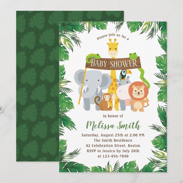 Niedliche Jungle Safari Forest Animals Kinderdusch Einladung (Vorne/Hinten)