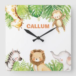 Niedliche Jungle Safari Tiere Baby Boy Kinderzimme Quadratische Wanduhr