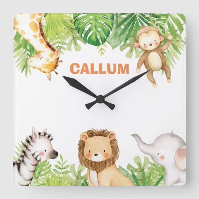 Niedliche Jungle Safari Tiere Baby Boy Kinderzimme Quadratische Wanduhr (Vorderseite)