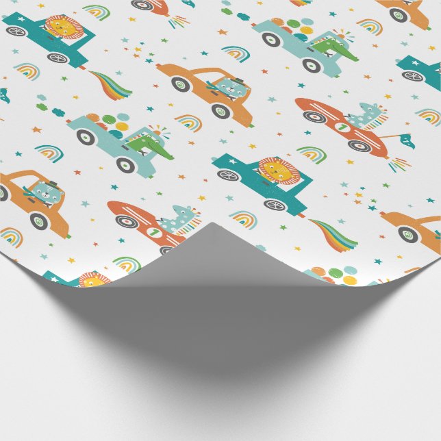 Niedliche Jungle Tiere in Autos mit Regenbogen Geschenkpapier (Ecke)