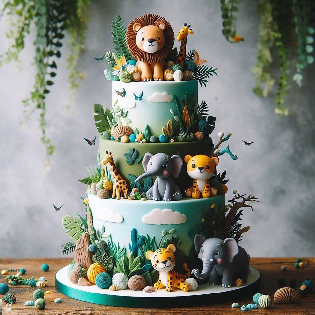 NIEDLICHE JUNGLE TIERE THEMA KINDERGEBURTSTAG CAKE KARTE (Von Creator hochgeladen)