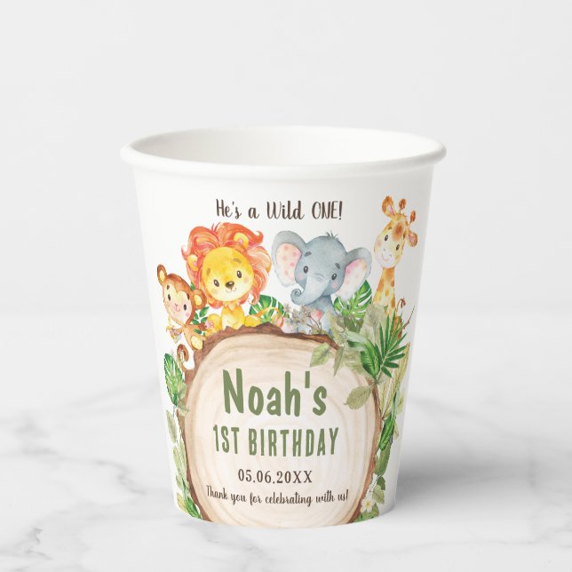 Niedliche Jungtiere Grüne 1. Geburtstag Wild One Pappbecher (Vorderseite)