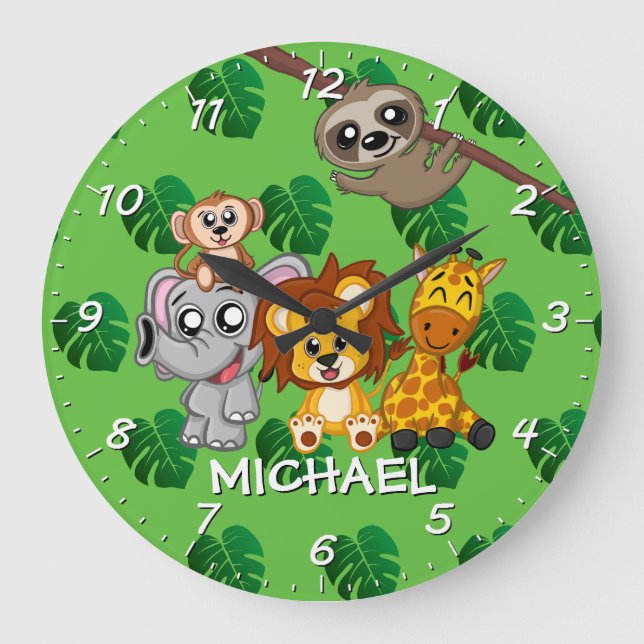 Niedliche Jungtiere Rainforest Green Name Cartoon Große Wanduhr (Vorderseite)
