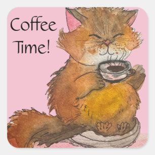 Niedliche Kaffeezeit Katzenklammer Quadratischer Aufkleber