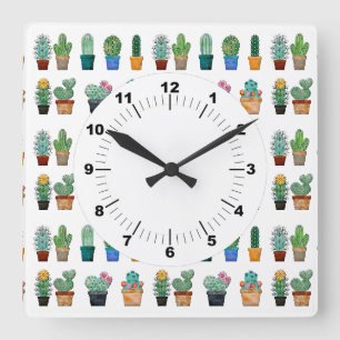Niedliche Kakteen Grüne Blume Quadratische Wanduhr