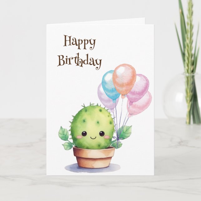 Niedliche Kaktus mit Birthday Balloons Karte (Vorderseite)