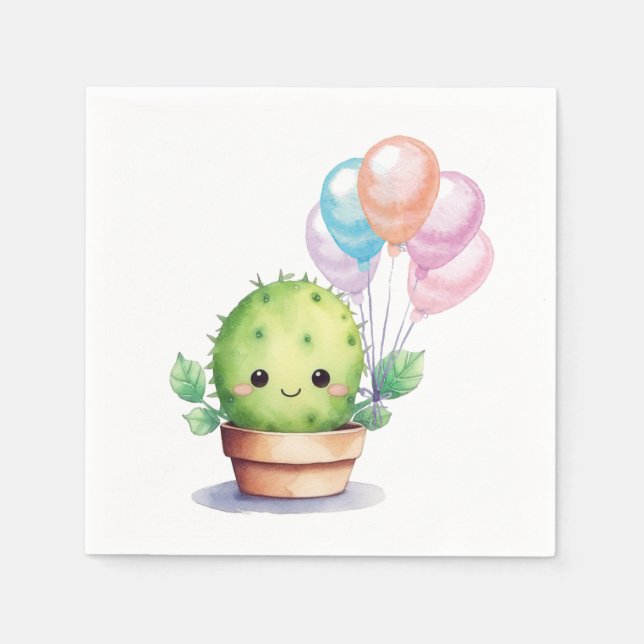 Niedliche Kaktus mit Birthday Balloons Serviette (Vorderseite)