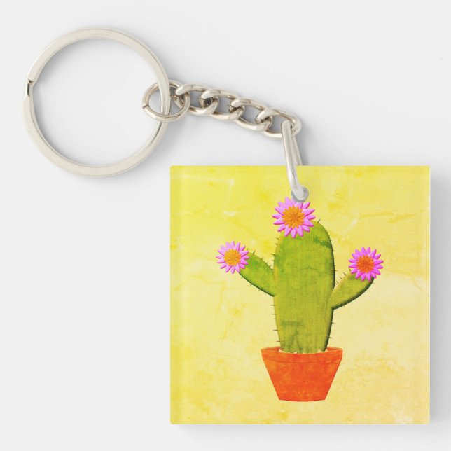 Niedliche Kaktus mit rosa Blume Schlüsselanhänger (Vorderseite)
