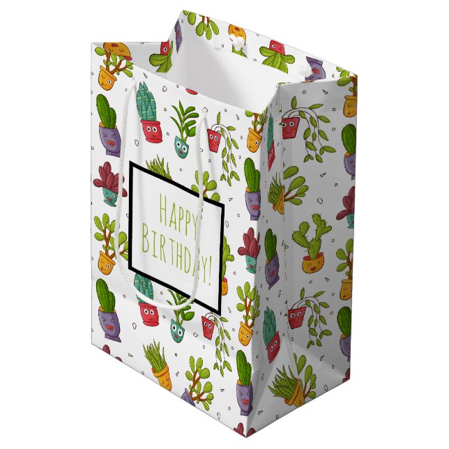 Niedliche Kaktus Nature Succulents Muster Geburtst Mittlere Geschenktüte (Vorderseite Schrägansicht)