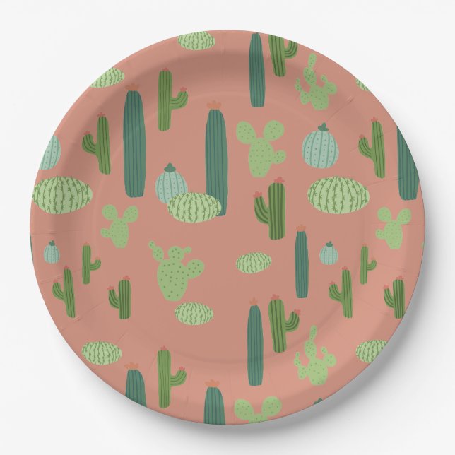 Niedliche Kaktus Peach & Green Pappteller (Vorderseite)