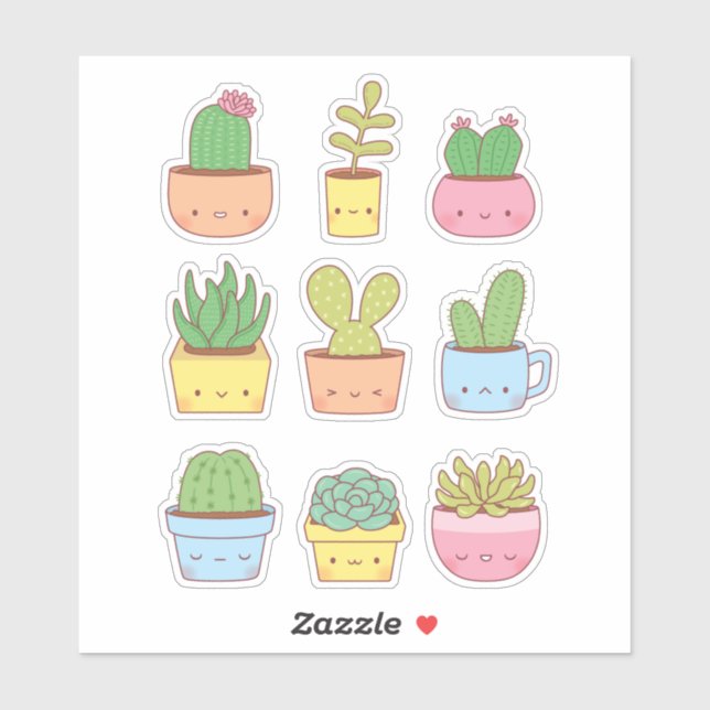 Niedliche Kaktus Sukkulente Pflanze Doodles Sammlu Aufkleber (Blatt)