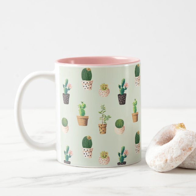 Niedliche Kaktus Sukkulente Pflanze Muster Rosa gr Zweifarbige Tasse (Mit Donut)