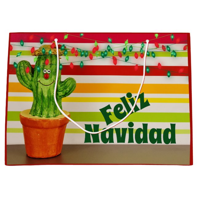Niedliche Kaktus und Urlaubsleuchten Feliz Navidad Große Geschenktüte (Vorderseite)