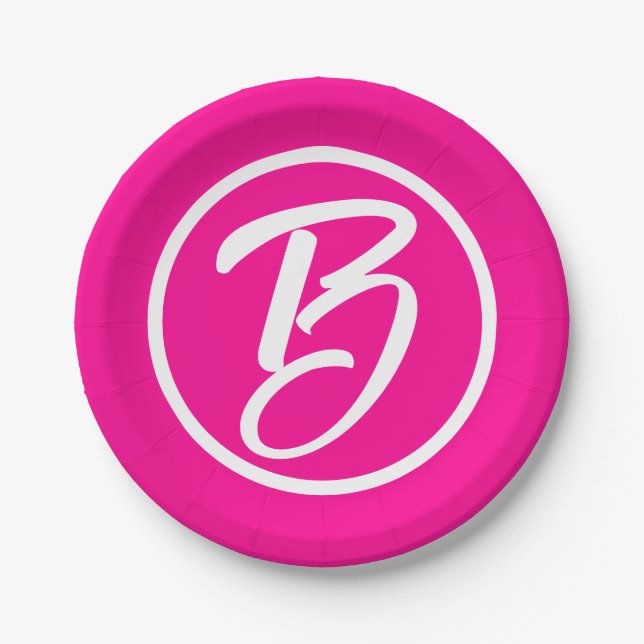 Niedliche Kalligrafie Monogramm Letter Hot Pink Pappteller (Vorderseite)