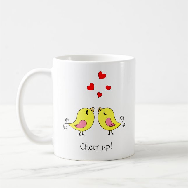 Niedliche Kanarienvögel, Herz- und Kalligraphie Kaffeetasse (Links)