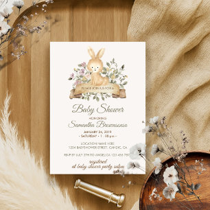 Niedliche Kaninchen Botanische Ribbon Babydusche Einladung
