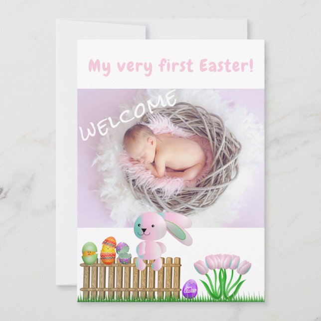 Niedliche Kaninchen Erste Osterfeier Begrüßung Fot Ankündigung (Vorderseite)