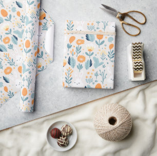 Niedliche Kaninchen Frühling Blau und Orangenpaste Geschenkpapier