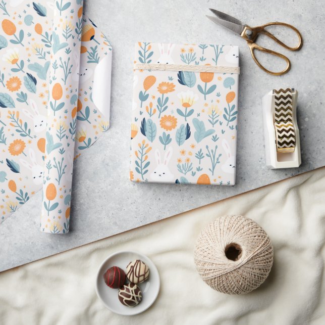 Niedliche Kaninchen Frühling Blau und Orangenpaste Geschenkpapier (Kunsthandwerk)